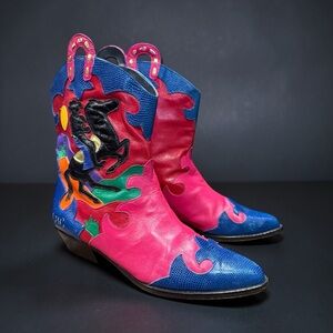 Vintage Zalo Multicolored Leather Cowboy Boots Western Fashion Festival Size 9